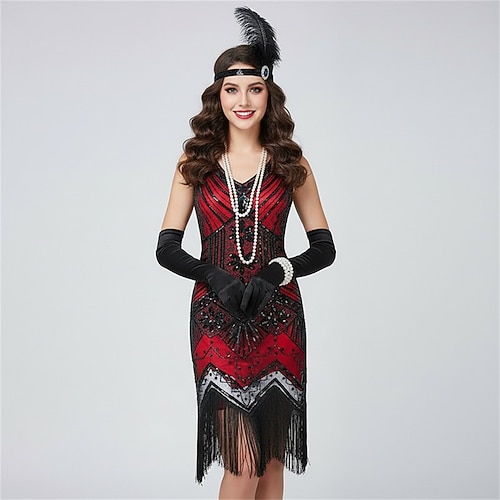 Set Goldene Zwanziger 1920er Flapper Kleid Cocktailkleid mit Zubehör Der große Gatsby Flapper-Mädchen Pailletten Quastenfransen Quastenfransen Pailletten Kostüm Damen Festkleidung Neujahr Image
