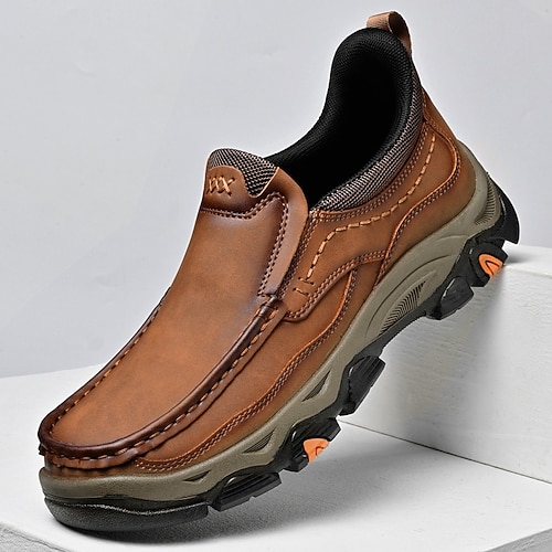 Herren-Slipper aus braunem Kunstleder mit robuster, rutschfester Sohle, bequeme Outdoor-Wanderschuhe für die Freizeit und auf Reisen Image