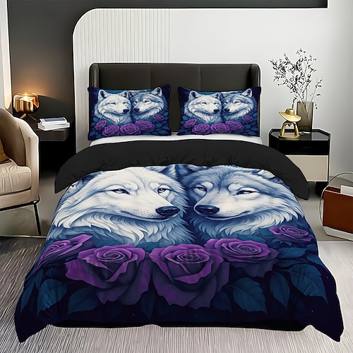 Sternenhimmel, lila, rosa, grauer Wolf, 3-teiliges Daunenbettbezug-Set für Queensize-Bett, weicher Bettbezug mit 2 Kissenbezügen – Luxusbettwäsche für Hotelschlafzimmer, gemütlich komfortabel Image