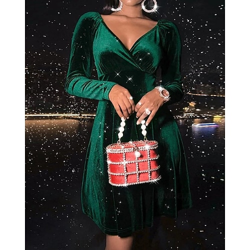 Damen Minikleid Satinkleid Weihnachtskleid Partykleid Cocktailkleid Mode Modern Abendgesellschaft Party Weihnachten Normale Passform Einfach Langarm V Ausschnitt Blau Schwarz Rote Grün Herbst Winter Image