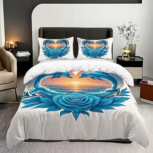 3-teiliges Bettbezug-Set mit Liebesblumen-Delfin-Print, weicher, flauschiger Bettbezug mit 2 Kissenbezügen für die Dekoration von Hotels, Gästezimmern oder Schlafzimmern