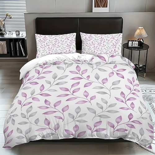 3-teiliges Daunenbettbezug-Set mit violettem Blumenmuster für Queensize-Betten, weicher Bettbezug mit 2 Kissenbezügen – Hotel Gästezimmerbettwäsche, gemütlich komfortabel Image