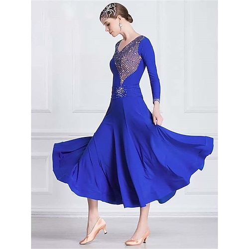 Damen-Ballsaal-Tanzkleid mit Strasssteinen, V-Ausschnitt, langen Ärmeln, Walzer, Tango, Wettkampf-Performance-Kleid, eleganter, fließender Rock – Königsblau Image