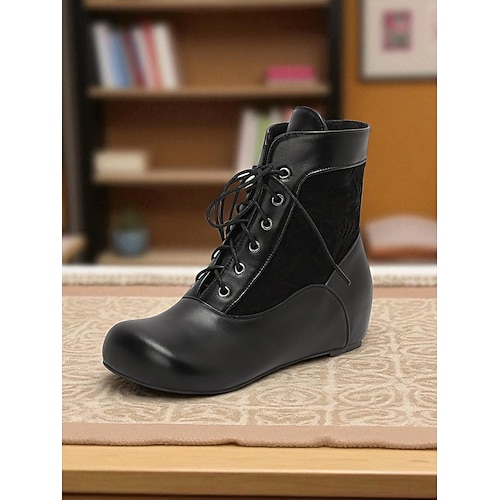 Braune Damen-Ankle-Boots aus Kunstleder und Stoff mit verstecktem Keilabsatz und Schnürung, viktorianische Vintage-Schuhe für Retro-Outfits, Cosplay und Alltag Image
