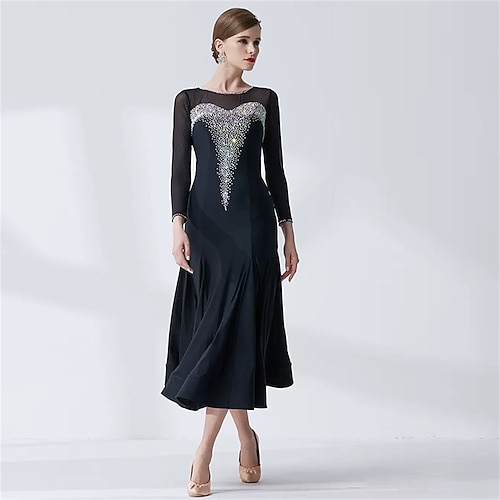 Damen Ballsaal Tanzkleid Strass Mesh Langarm Walzer Tango Wettbewerb Performance Kleid elegant schwarz Image