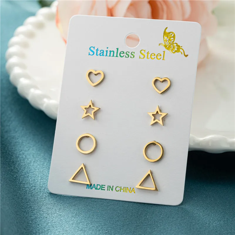 4 Paare/los Gold Farbe Geometrische Ohrringe Stud für Frauen Mode Einfache Herz Dreieck Runde Stern Ohrringe Set Partei Schmuck Geschenk Image