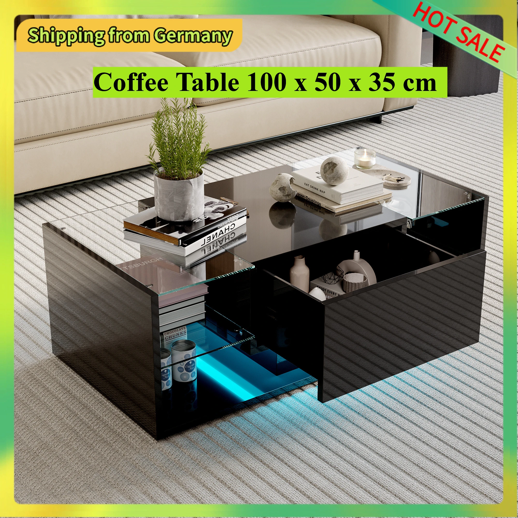 Comanlai LED-Couchtisch mit Schublade und 4 offenen Fächern, 100 x 50 x 35 cm, moderner Couchtisch für Wohnzimmer, Schwarz
