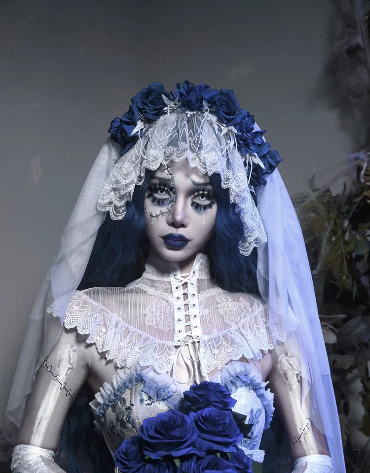 Blut versorgung Original Design Zombie Braut Halloween weiß Gothic Rose Chiffon Mesh Headdeil Kopf bedeckung Party Headveil Image