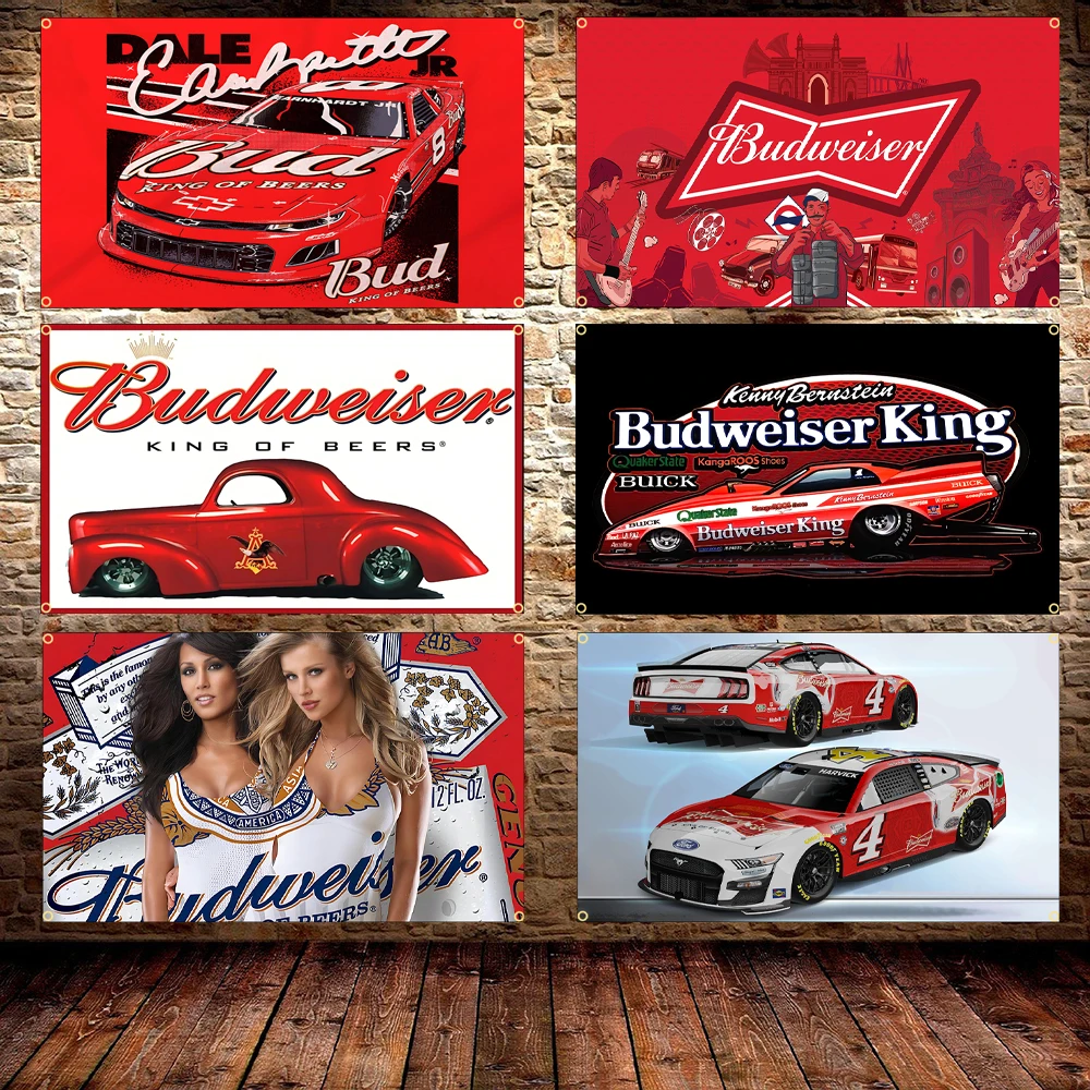 2X3Fts 3X5Fts B-Budweisers Bud Racing Car Flag Polyester Printed Beer Poster Banner For Room Decor OutDoor Decor
