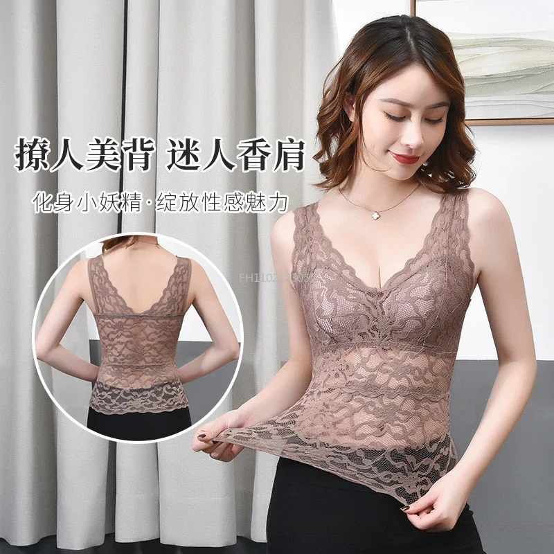 Mode Bodenbildung Unterwäsche Dünne Backless Sling Aushöhlen Spitze V-ausschnitt Weste Top Ärmellose Bh Weste Innen Tragen Spitze Top Mujer Image