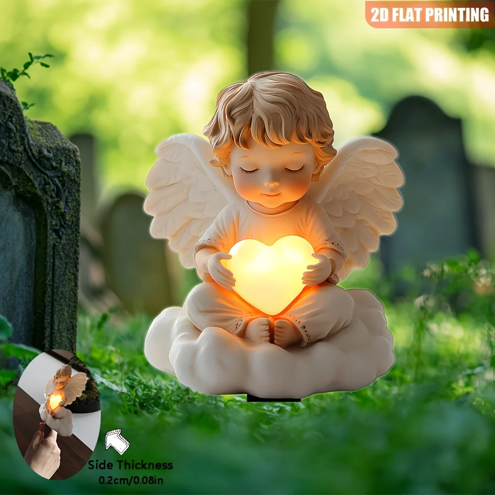 Angel Heart Garden Stake 2DAcrylic Yard Sign Garden Accessory Landscape Novelty Artwork Plaque Cherubs DIY Deco for Outdoor Lawn