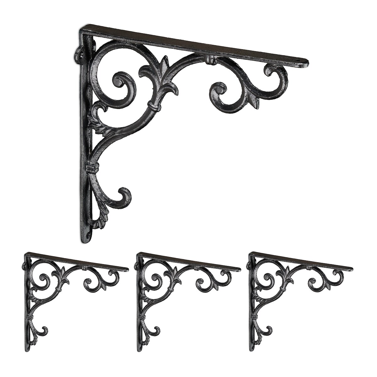 Relaxdays Regalwinkel, 4er Set, Gusseisen, antike Regalträger, Winkel Regalbretter, HxBxT: 24,5 x 4 x 24,5 cm, schwarz Image