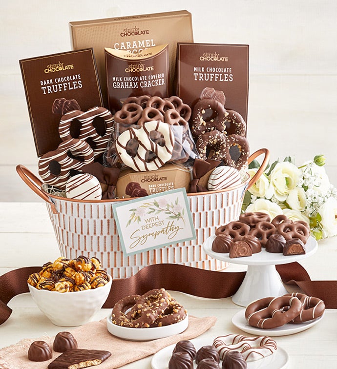 Sympathy Snacking Favorites Basket-Grande, Family Item Food Gourmet Candy Confections Chocolate, Gifts by Simply Chocolate