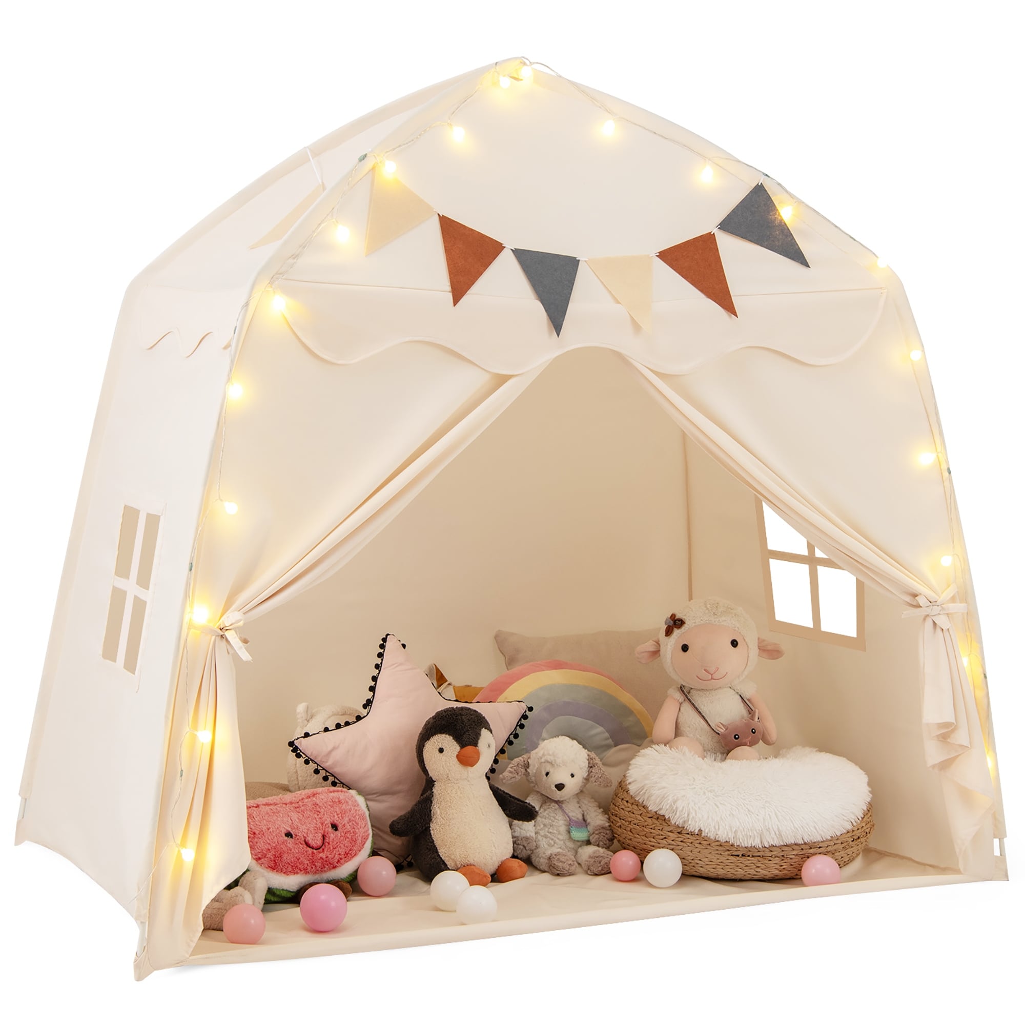 Gymax Kids Play Tent w/Flags and Globe String Lights for 3-12 Years - See Details