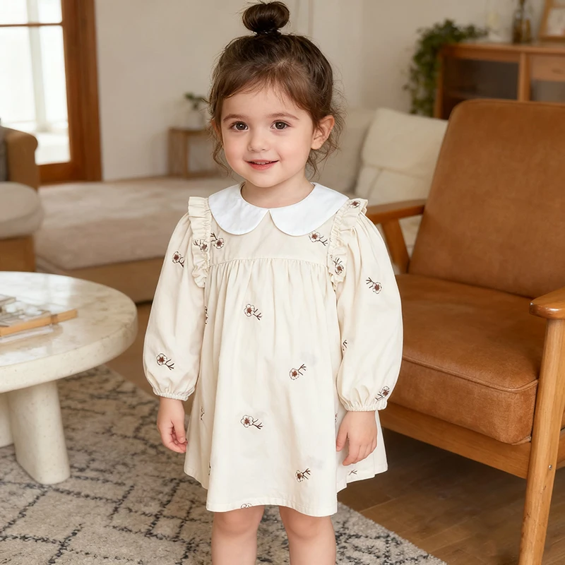 1-6Yrs Herbst Kinder Langarm Baby Mädchen Süße Blume Sticken Prinzessin Kleid Baby Mädchen Kleid Frühling Kinder Kleidung Kleid Image