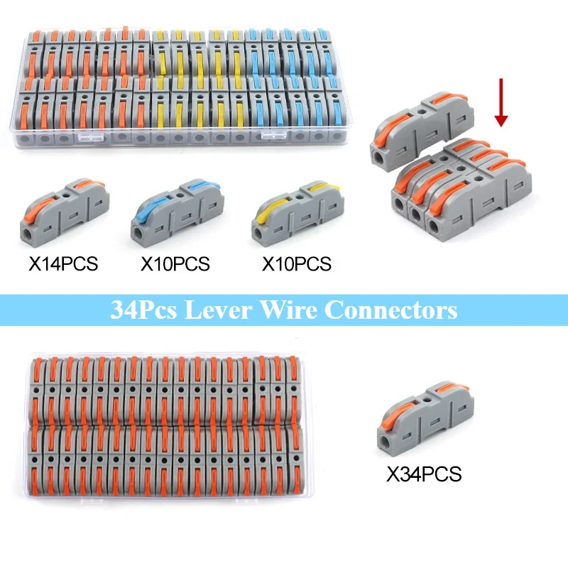 34 Stück Hebel-Drahtverbinder, 1 bis 1 Inline-montierbarer Drahtverbinder, 3-farbige schnelle elektrische Steckverbinder, Drahtklemmen verlängern Image