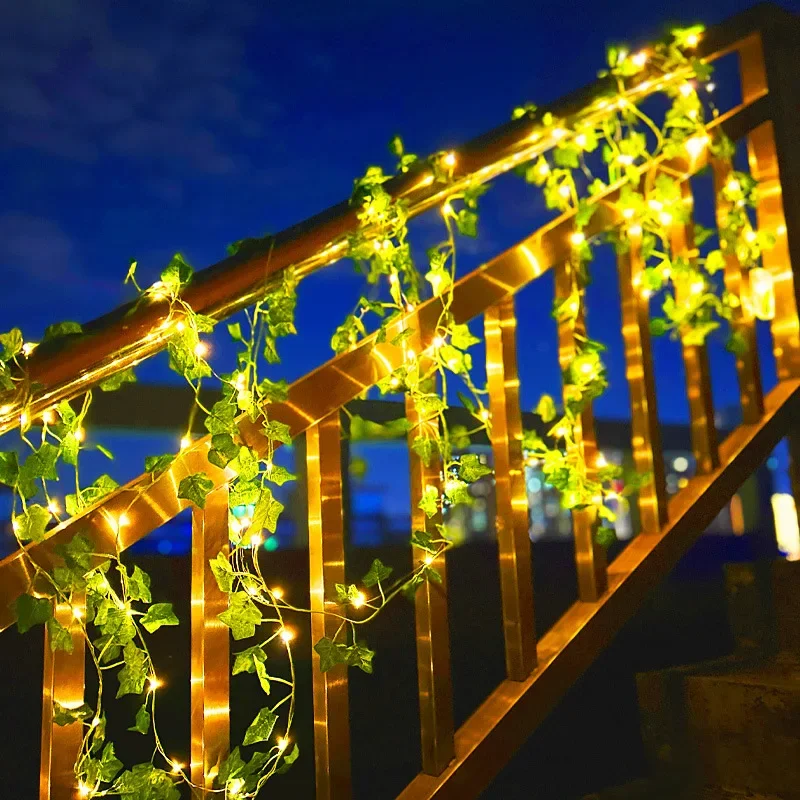 Green Leaf String Light Solar Vine Ivy Fairy Lights Garland Outdoor for Garden Party Courtyard Terrace Wedding Decoration