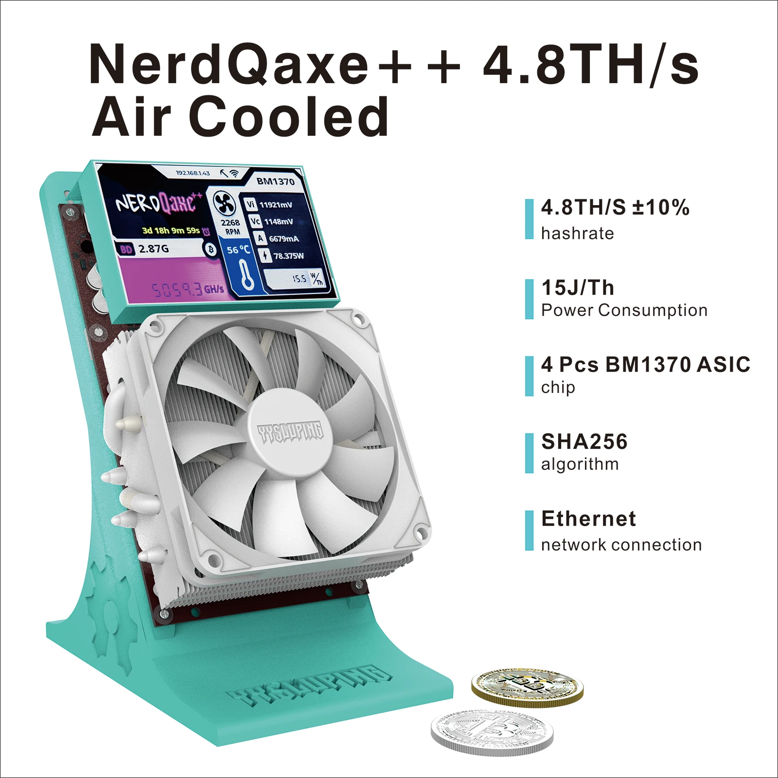 2025 Neue Bitaxe NerdQaxe++blaue BTC-Mining-Maschine, mit einer Computerleistung von 4,8 TH/s, Stromverbrauch von 75 W und Netzteil Image