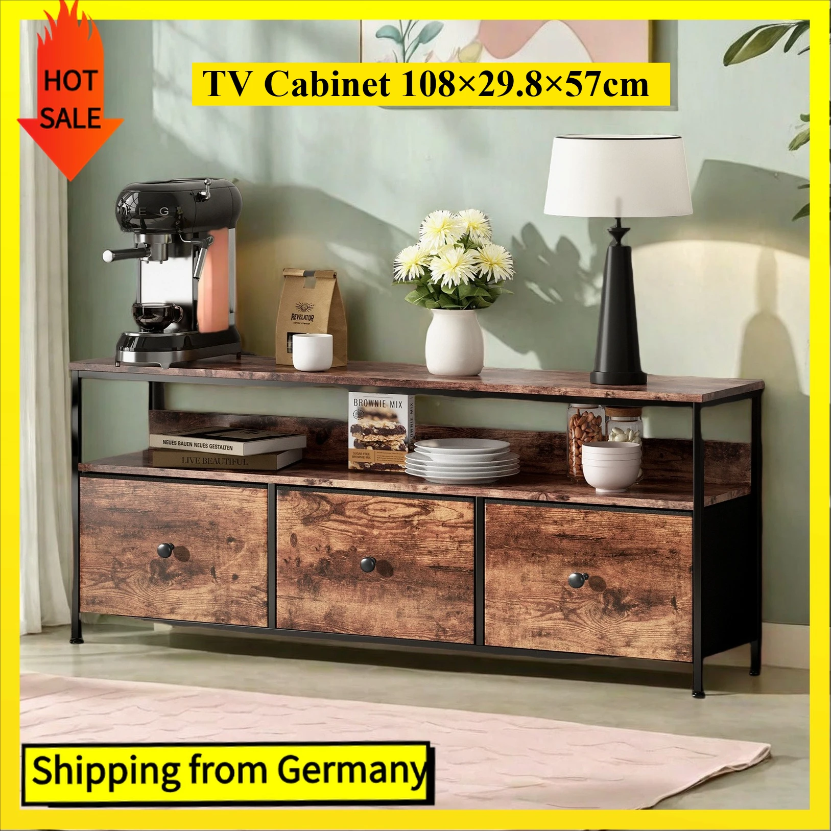 Comanlai 108 cm Vintage-TV-Schrank mit 3 Stoffschubladen und LED-Leuchten, Aufbewahrungsschrank für Wohnzimmer, TV-Ständer 108 x 29,8 x 57 cm Image