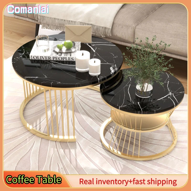 Comanlai Couchtisch-Set mit 2 Stück, runder Couchtisch, runde Simulationsmarmortische mit goldenen Metallbeinen, für Empfangsraum, Schwarz Image