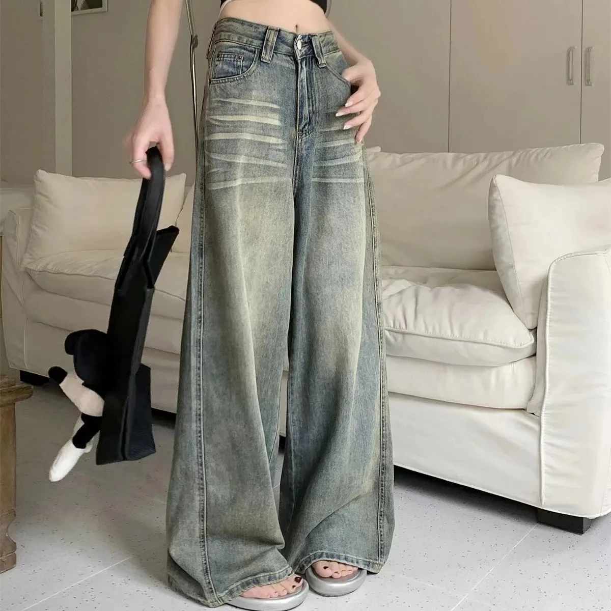 Y2K Lose Jeans mit geradem Bein, Damenhose, Baggy, breite Passform, lässig, hohe Taille, Retro, gewaschen, Vintage-Stil, Damenjeans, Jeans Image
