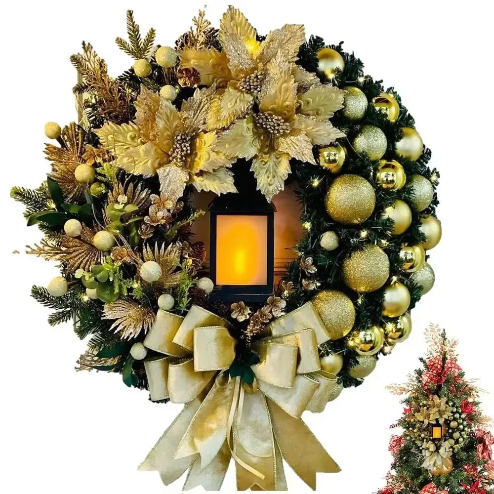 30 cm Weihnachtskranz mit Lampenschleife, Kugel, große rote Blume, Navidad, Party, Wand, Tür, Fenster, Kamin, Treppe, Balkon, Gartenkranz