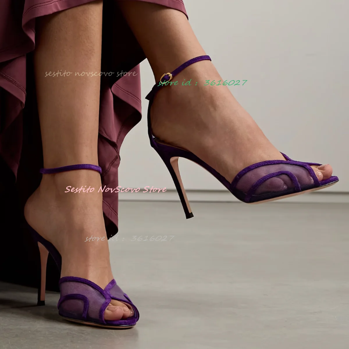 Lila Mesh und Wildleder Sandalen Peep Toe Knöchelriemen Schnalle Sexy Frauen Flache Pumps Stiletto High Heels Damen Party Kleid Schuhe