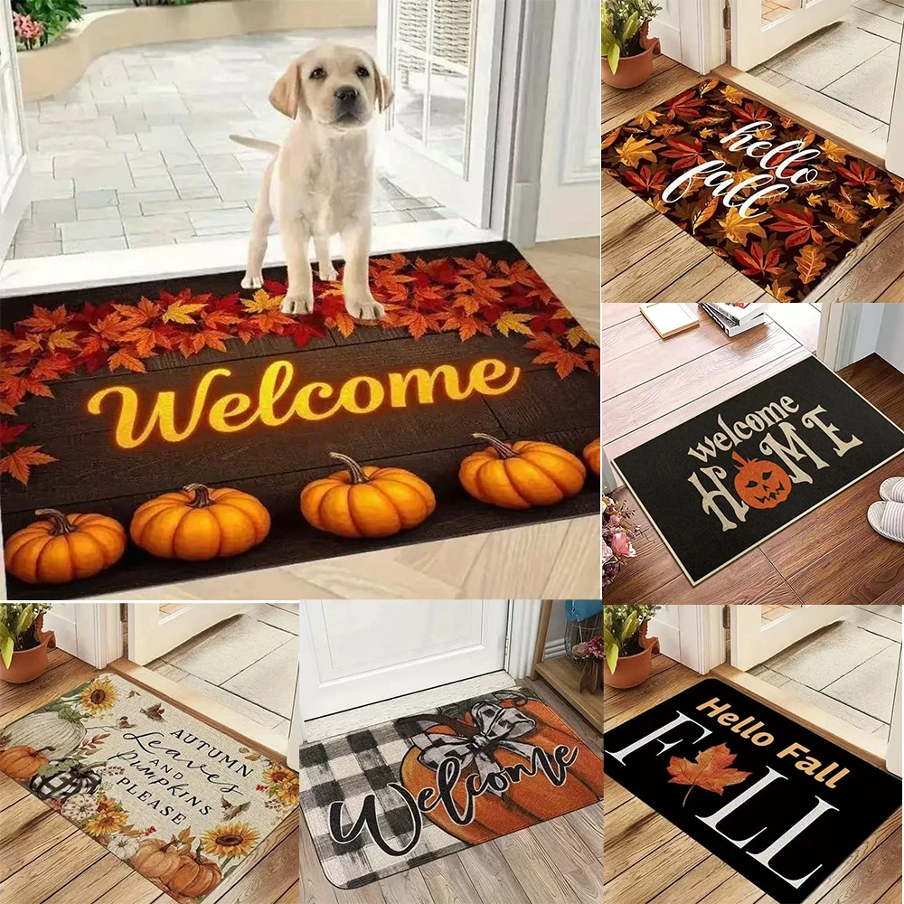 Fußmatte mit Herbstthema und Kürbis-Ahornblatt-Sonnenblumenmuster, weicher dekorativer Eingangsbereich für Zuhause, drinnen und draußen Image