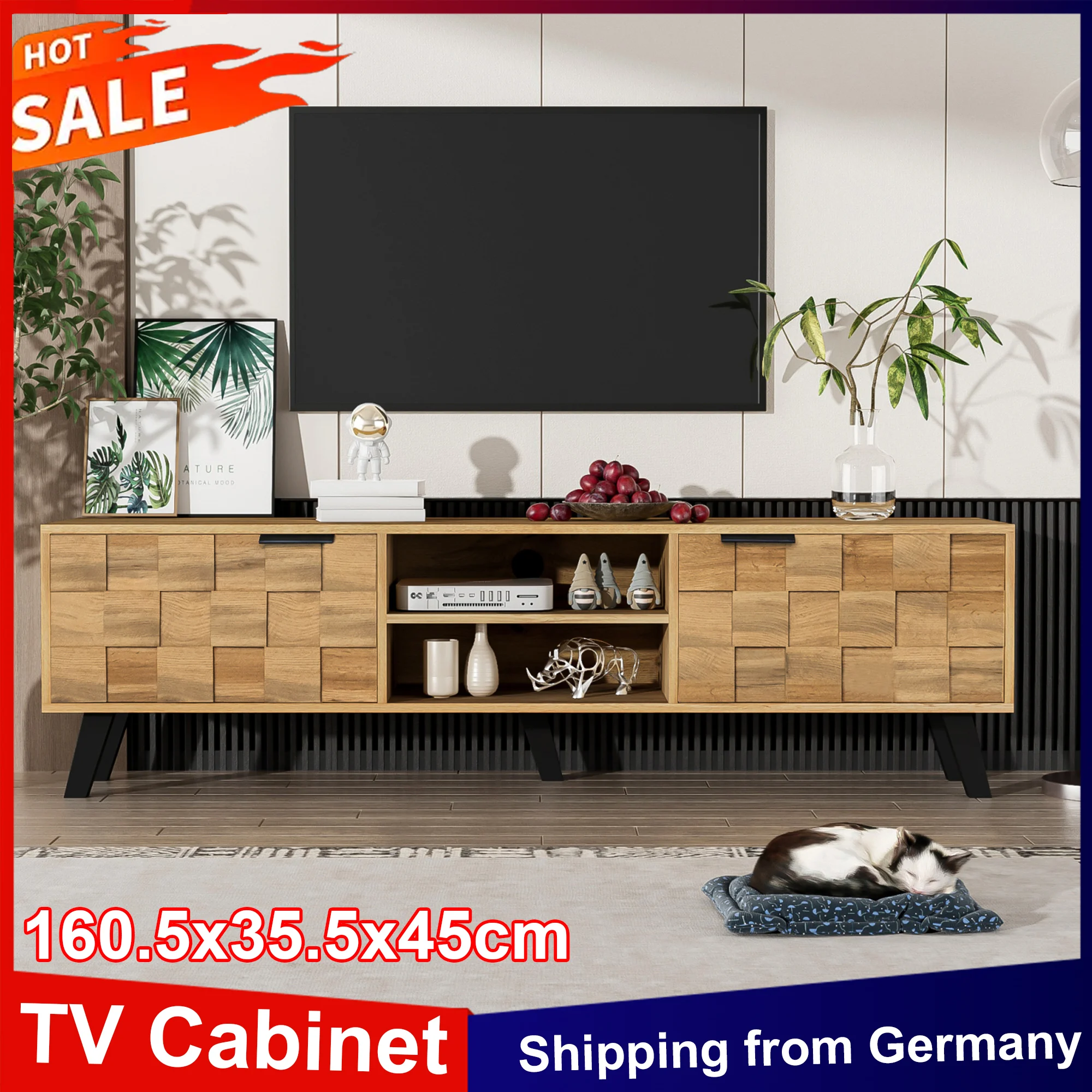 Anajqaqia 160,5 x 35,5 x 45 cm moderner TV-Schrank mit 2 Türen und 2 offenen Fächern, TV-Ständer, TV-Lowboard für Schlafzimmer, Wohnzimmer