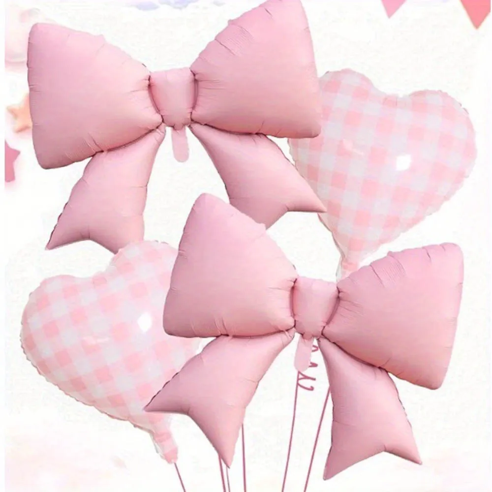 4Pcs Pink Bow and Plaid Love Heart Birthday Party Foil Balloon for Bridal Gifts Weddings Engagements Anniversaries Decorations