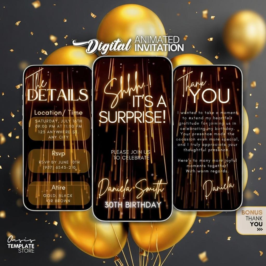 Shhh è un invito a sorpresa, Invito video di compleanno a sorpresa digitale, Invito per festa a sorpresa in oro, Modello di invito a sorpresa Canva