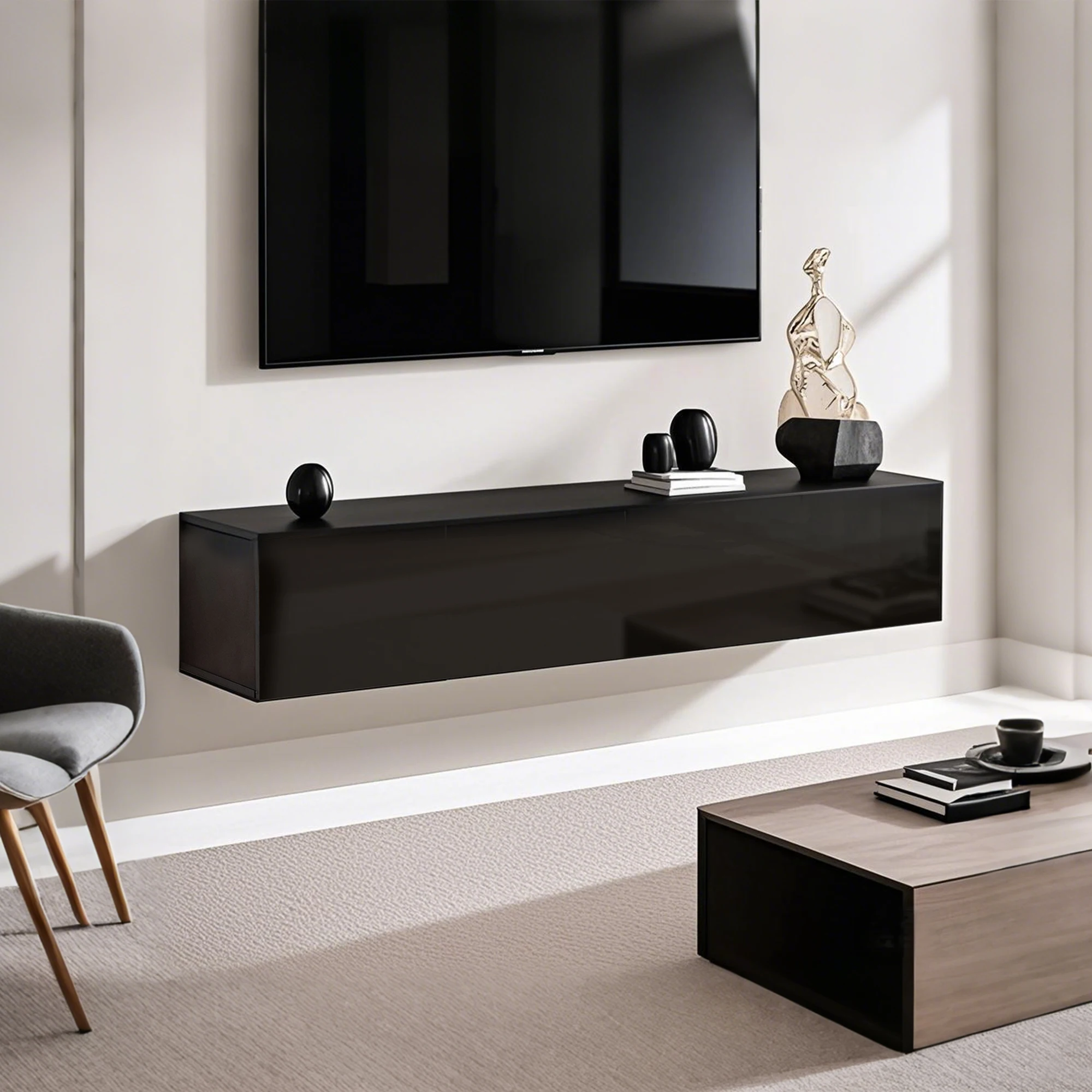 Meuble TV, meuble TV suspendu meuble TV lowboard 160x30,5x34cm, noir sur place
