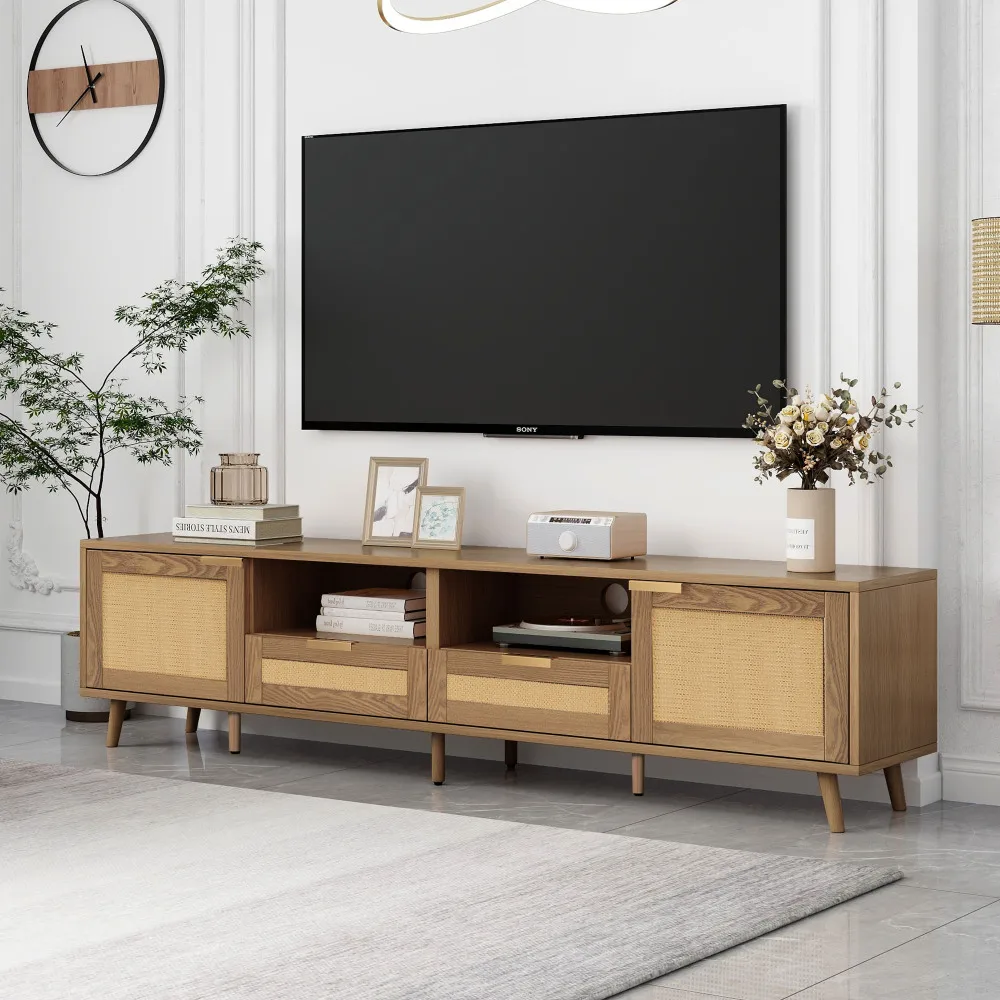 Meuble TV de salon moderne, 200*37*49 Cm, avec 4 pieds de Table réglables, meuble TV en plastique et rotin, meuble TV pieds en bois massif