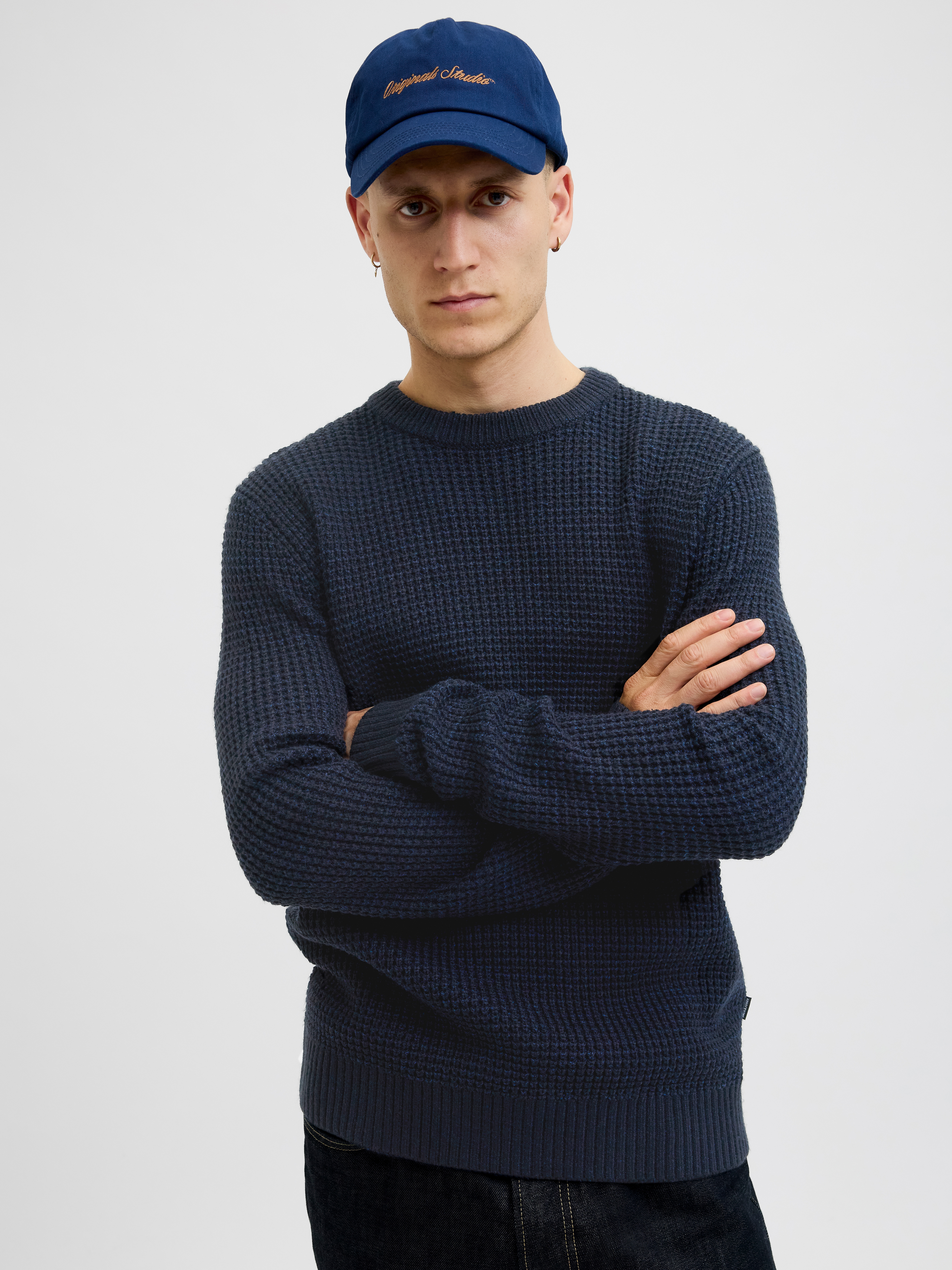 Strickpullover JACK & JONES "JJGLOBAL KNIT CREW NECK", Damen, Gr. M, sky captain, Strick, Obermaterial: 67% Polyacryl, 33% Baumwolle, unifarben, regular fit, Rundhals, Pullover Strickpullover