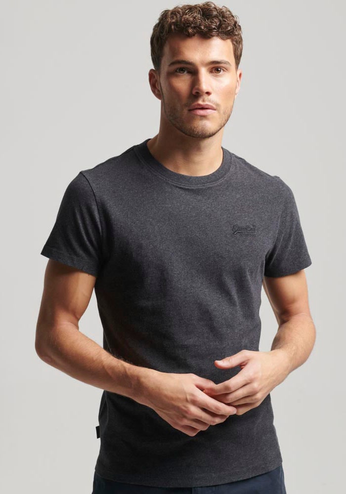 Rundhalsshirt SUPERDRY "ESSENTIAL LOGO EMB TEE", Herren, Gr. L, schwarz (raven schwarz marl), Single Jersey, Obermaterial: 100% Baumwolle, meliert, unifarben, slim fit hüftlang, Rundhals, Shirts Image