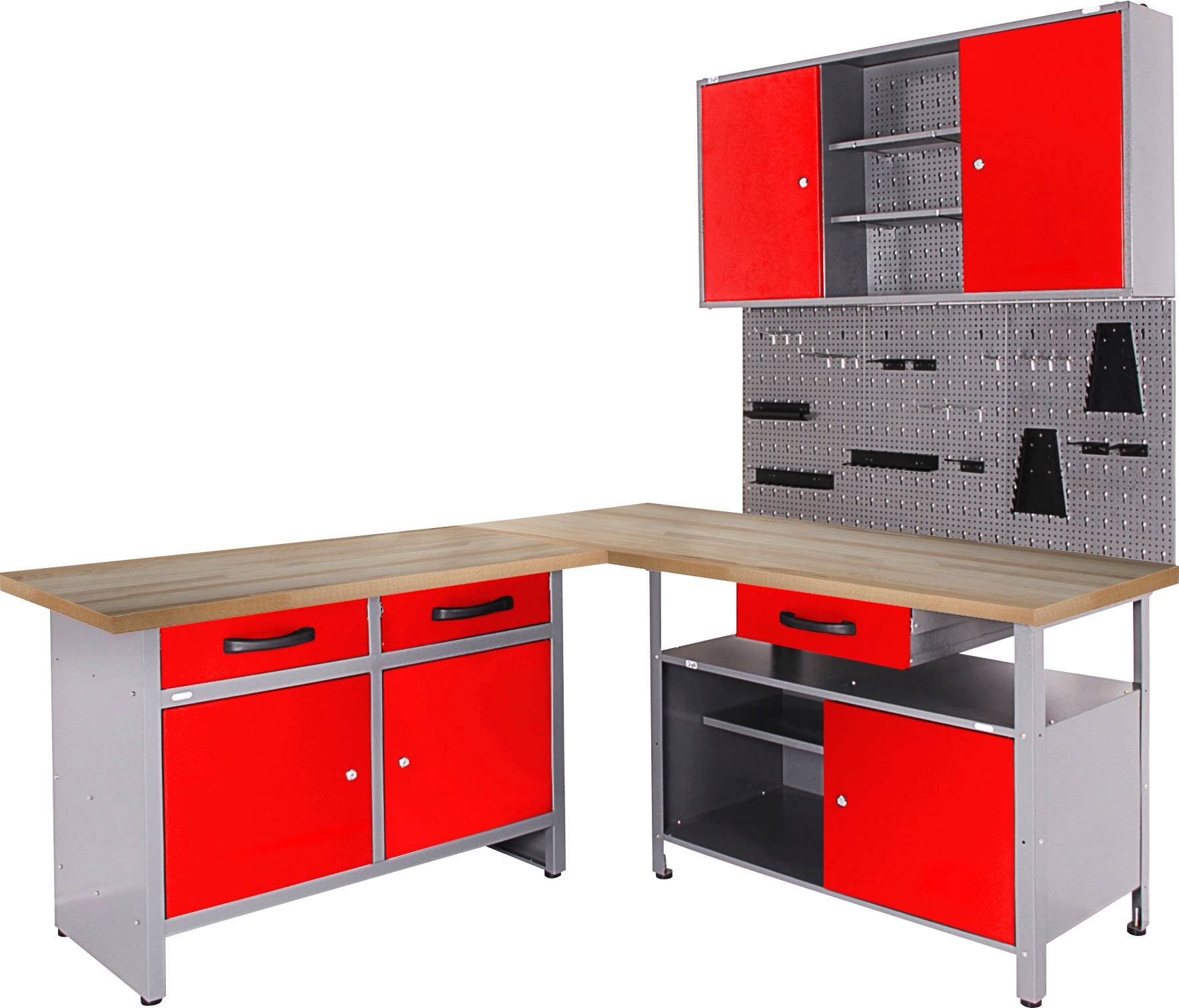 Werkstatt-Set ONDIS24 "Basic One", bunt (rot, grau, schwarz), B:180cm H:205cm T:60cm, Metall, Werkbänke, 2x Werkbank, 1x Werkstattschrank, 3x Lochwand