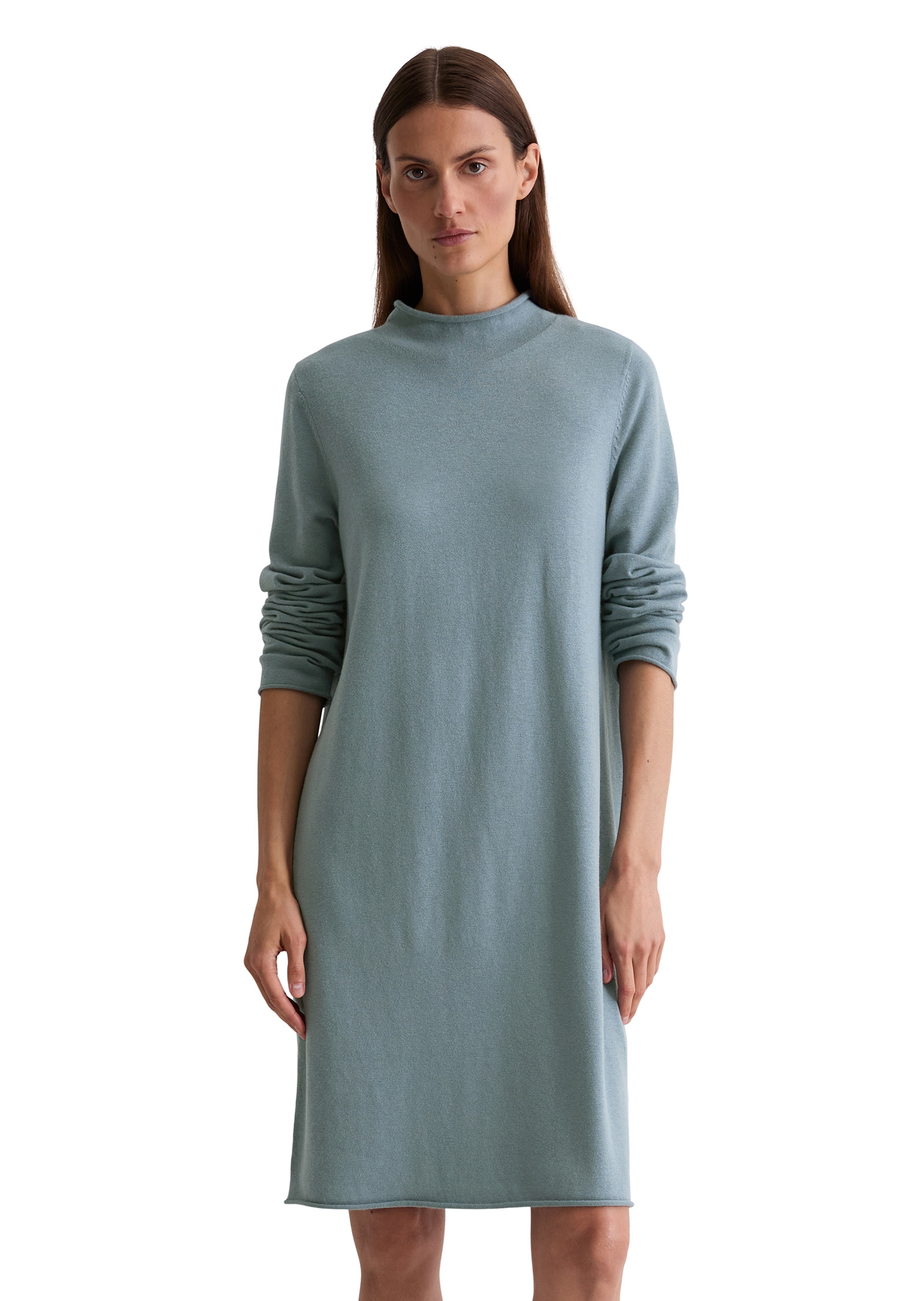 Strickkleid MARC O'POLO "aus edlem Schurwolle-Viskose-Mix", Damen, Gr. 36, Normalgrößen, slate blau, Obermaterial: 37% Polyamid, 34% Schurwolle, 25% Viskose, 4% Elasthan, unifarben, regular fit knielang, Rollkante, Kleider Strickkleid