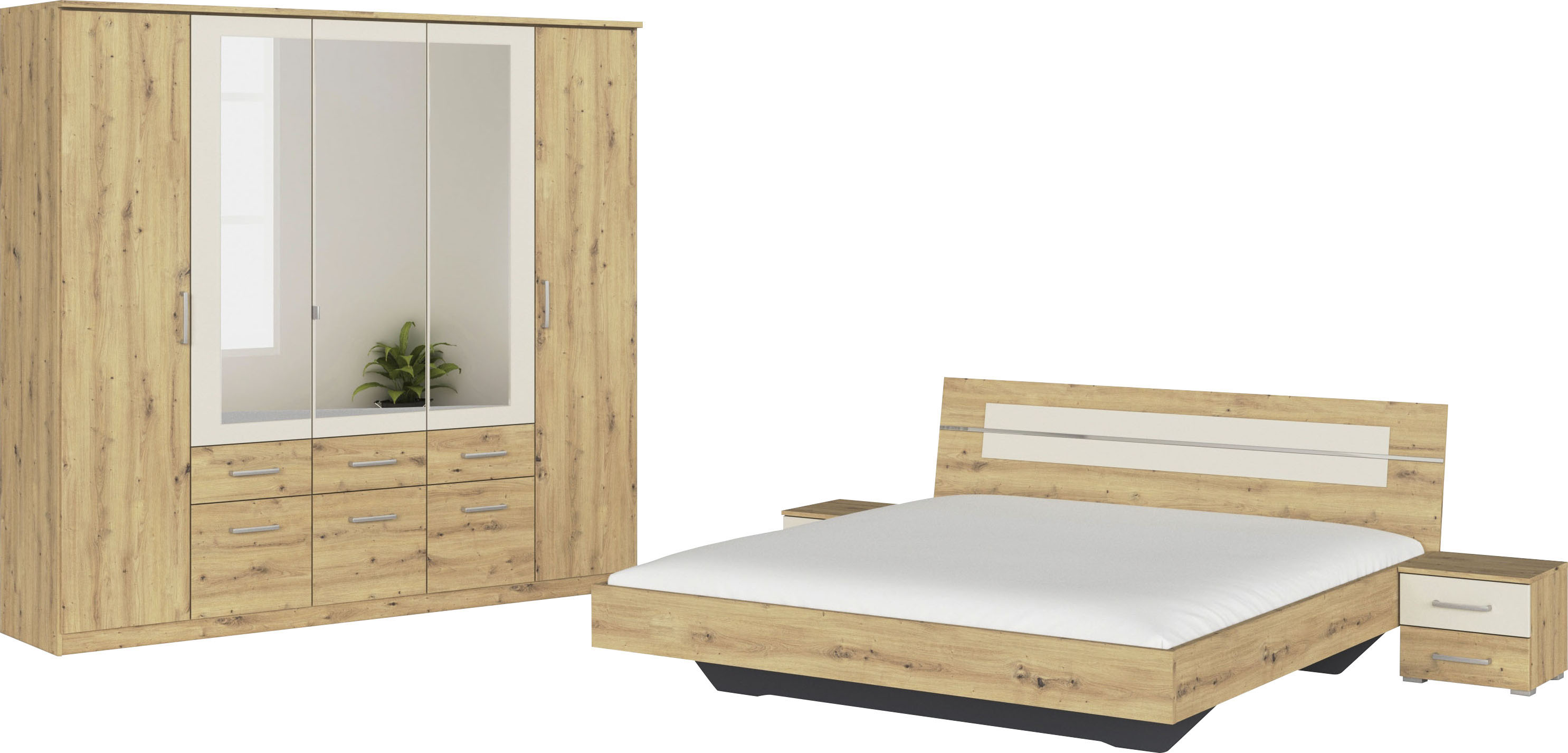 Schlafzimmer-Set RAUCH "Komplettschlafzimmer Schlafzimmer BURANO mit Schrank in 3 Breiten", eiche artisan, champagner, mit Schrank 5-trg. + ohne Matratze, B/H: 180cm x 200cm,mit Schrank 5-trg., Holzwerkstoff, Schlafzimmermöbel-Sets, Bett 180x200 cm...