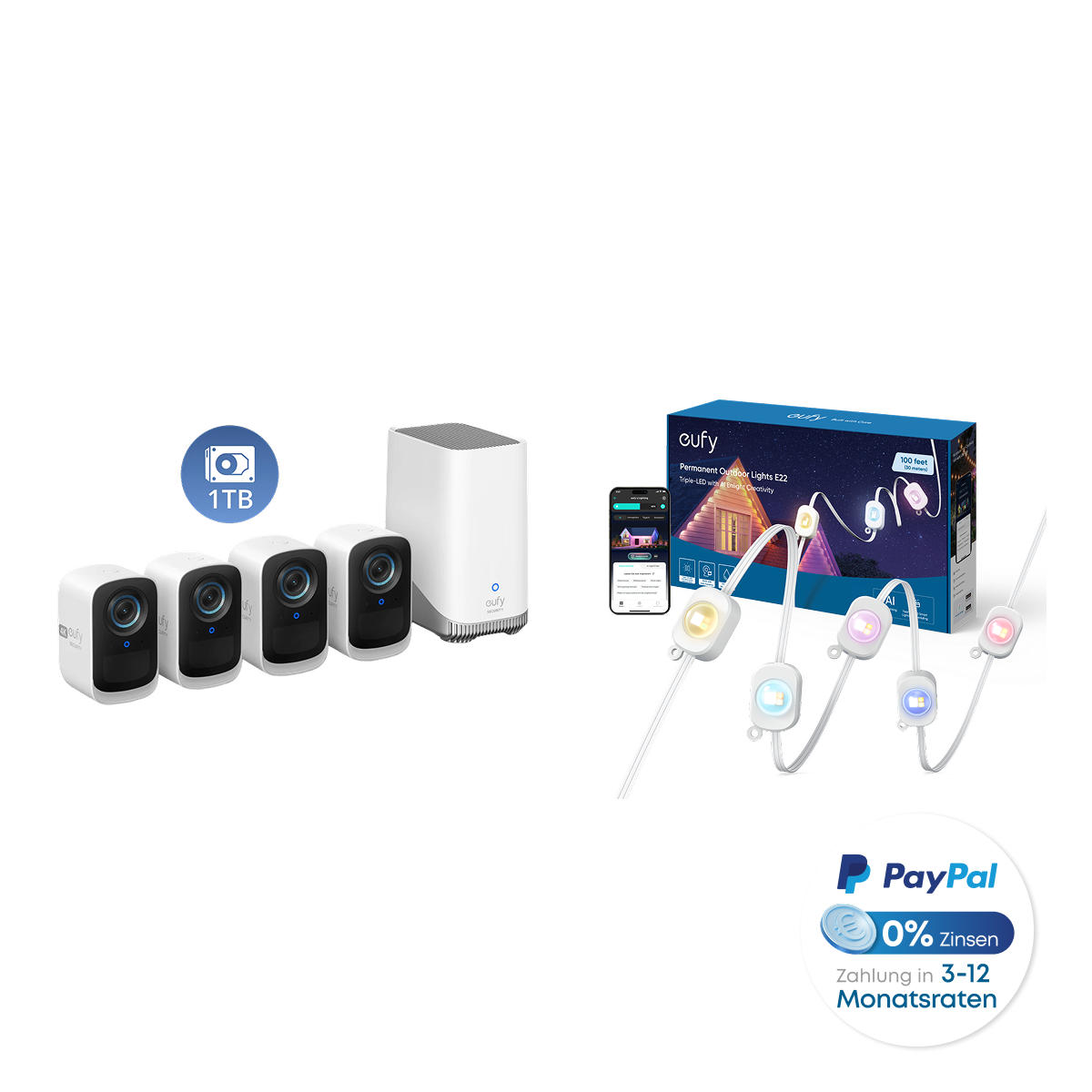eufyCam S300 (3C) 4-Kamera-Set Bundle mit 1TB & Außen-Lichterkette E22 Image