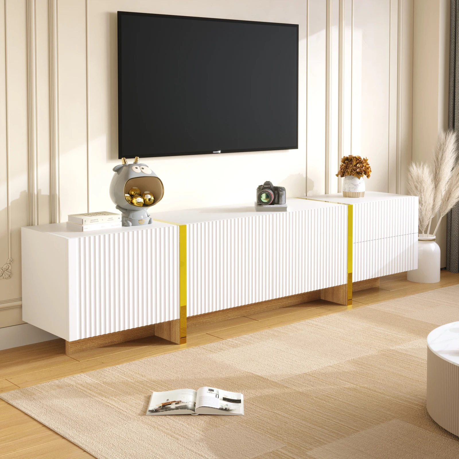 Anajqaqia Meuble TV 190 cm, meuble TV avec 3 portes et 2 tiroirs, meuble bas brillant, table TV