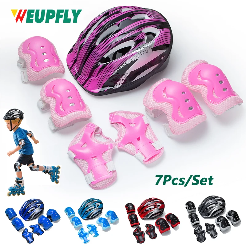 7-teiliges Kinderschutzausrüstungsset, Rollschuhhelm und -polster für Jungen und Mädchen, Knie-Ellenbogen-Handgelenkschützer für Skateboard-Roller Image