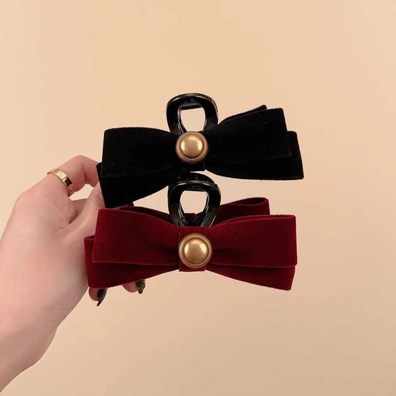 1pc High-end-Elegante Textur Samt Schwarz doppelseitige Schleife Haar Clip Shark Clip Große Größe Luxuriöse haarnadel Haar Zubehör Image