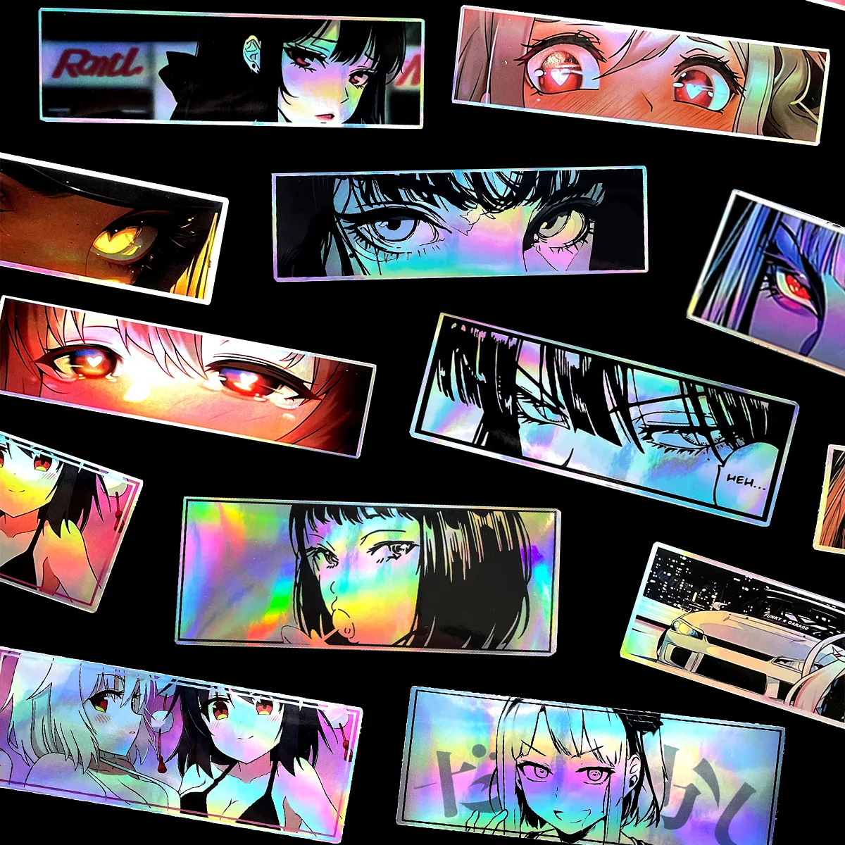32PCS Binary Modification JDM Anime Beauty Eye Stickers Random Laser Rainbow Motorcycle Car Bike Helmet Accessories DIY Decals
