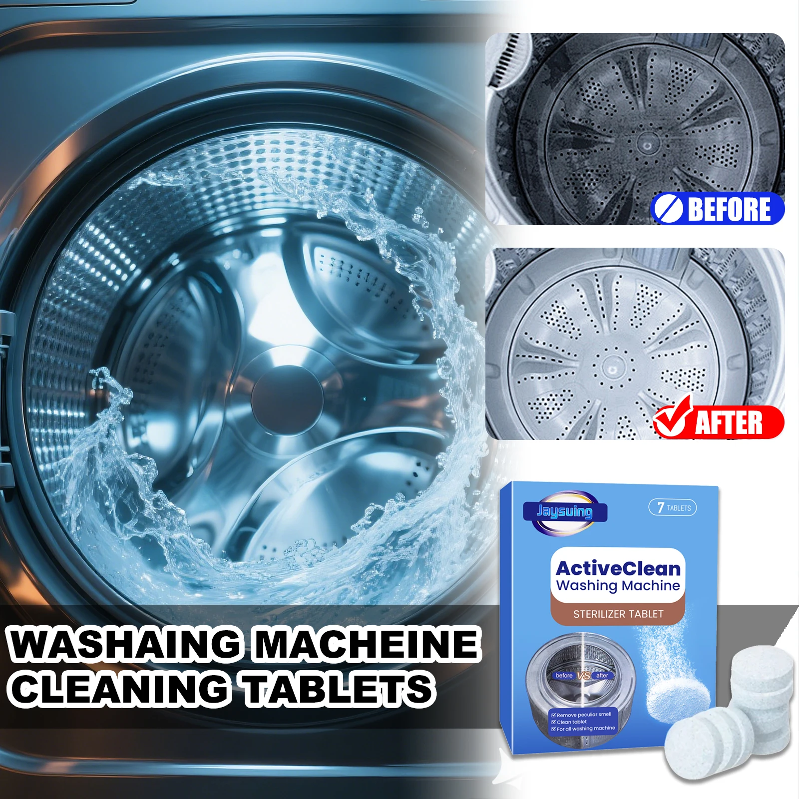 JAYSUING Active-Clean Washing Machine Sterilizer Tablet 7Pcs/Box Deep Cleaning Effervescent Tablets Descaling Remove Odor Stains