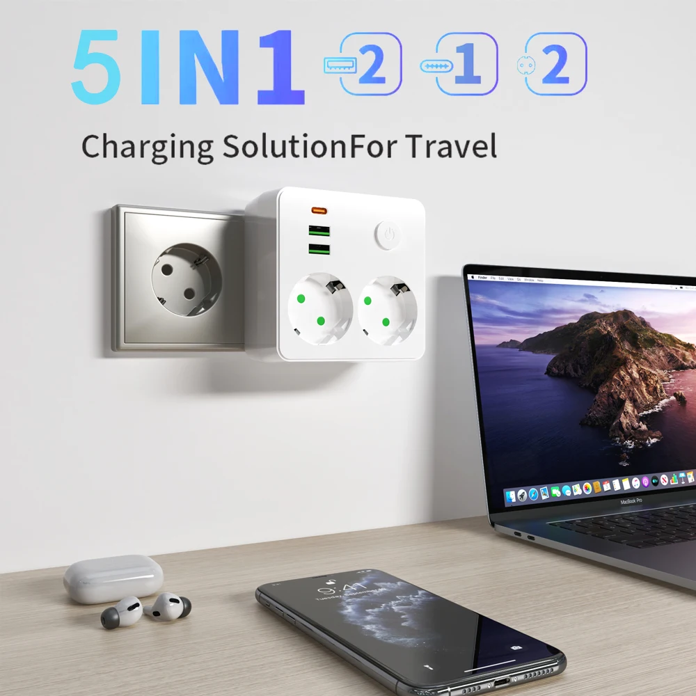 EU-Steckdose, 2 Steckdosen, Multitap-Wandsteckdosenleiste, Steckdose, kein Verlängerungskabel mit 2 USB-Anschlüssen, 1 Typ-C-Anschlüsse, 2500 W MAX Image