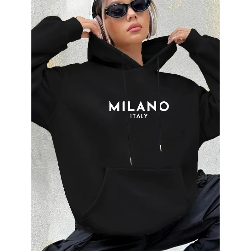 Lässiges, modisches Kapuzenpullover für Damen, MILANO ITALY-Druck, Rundhalsausschnitt, langärmelig, Herbst und Winter, warme, normale Version Image