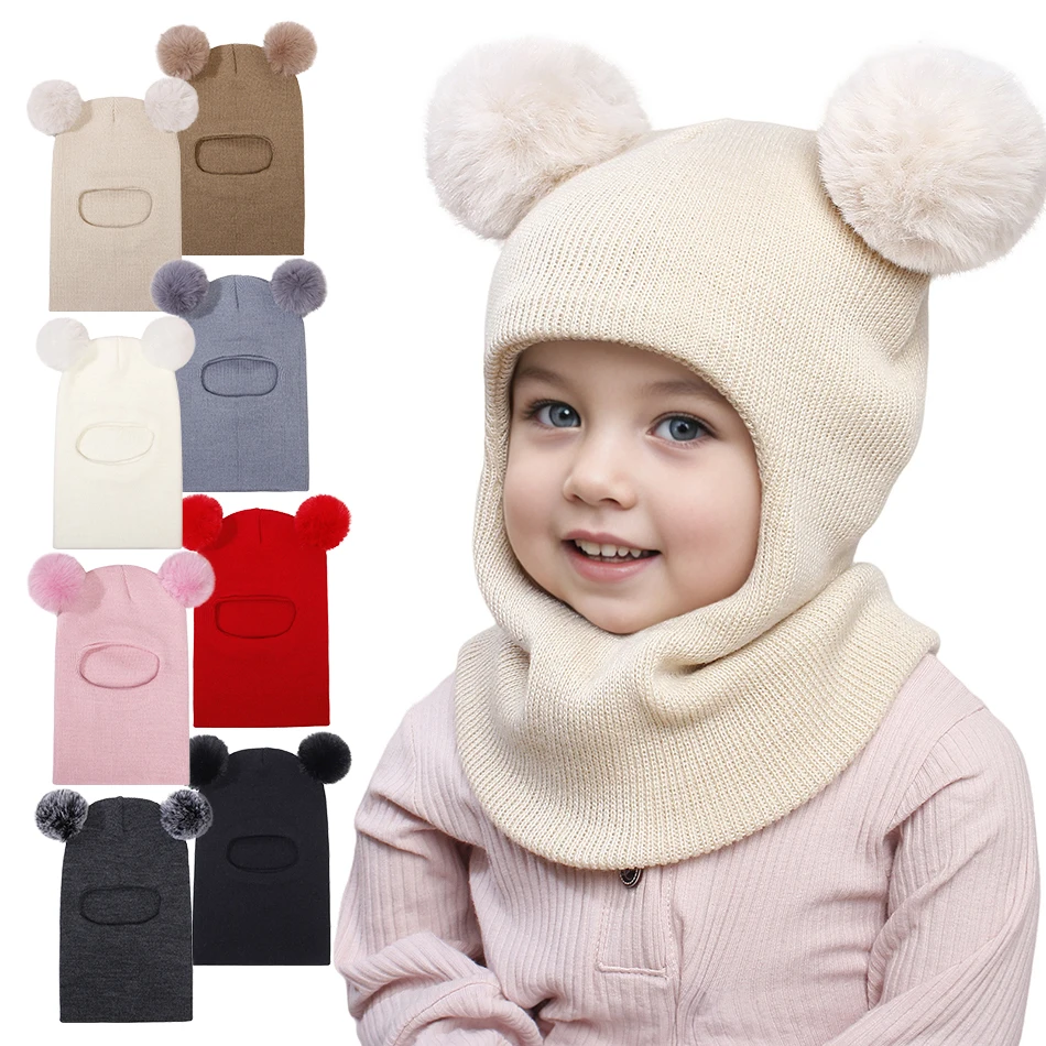 Unisex Baby warme Strickpullover Mütze mit Pompons Thermo-Ohrenklappen Niedliche Wintermütze für Jungen und Mädchen Kinder Kapuzenzubehör Image