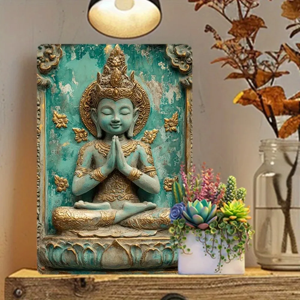 2D Türkis Buddha 2D Metalldekoration – Aluminium-Wandkunst, Metallblechschild, türkisfarbene Buddha-Statue für Büro/Zuhause