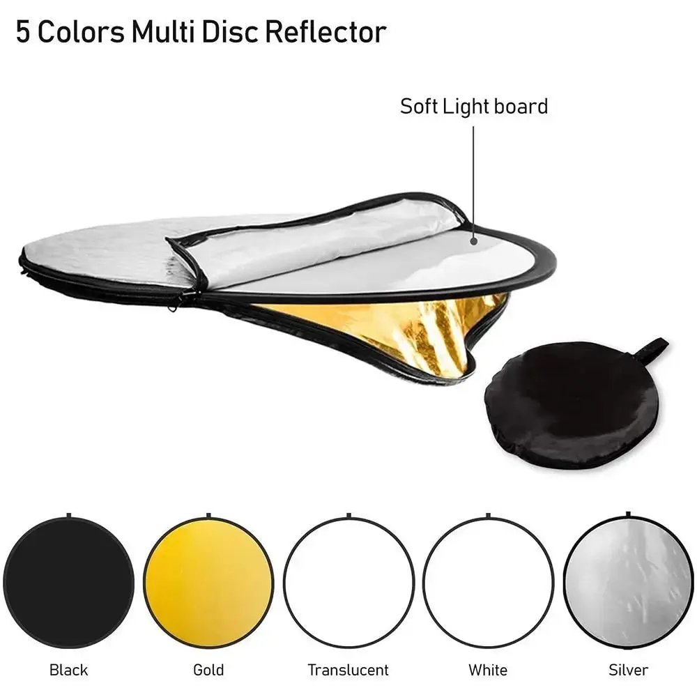 Reflektor 30 cm, 60 cm, 80 cm, 110 cm, Silber, Weißgold, tragbar, zusammenklappbar, weiches Licht, rund, Fotografie für Studio 2/5 in1 Image