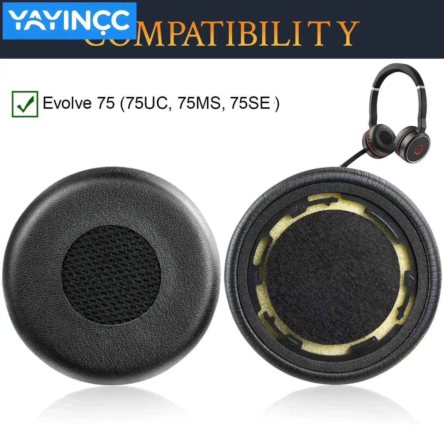YAYINCC Ersatz-Ohrpolster, weiche Protein-Haut-Memory-Schwamm-Ohrpolster für Jabra Evolve 75/75+/75 UC Kopfhörer-Reparatur p Image